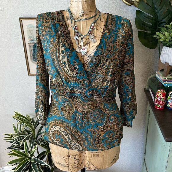 Zero Zero Teal Blue Brown Tan Scroll Paisley Sequin Y2K V Neck Blouse Side Zip M - Picture 1 of 10